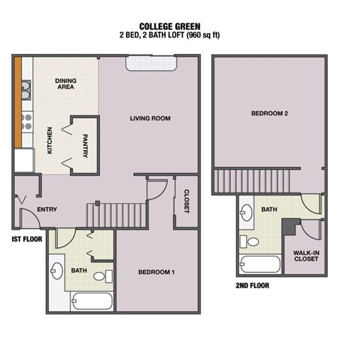 Floor plan for 2 beds, 2 baths, 960 sqft